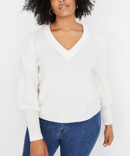 Bright Ivory Bobble Dashwood Wool-Blend V-Neck Sweater - Women | Zulily