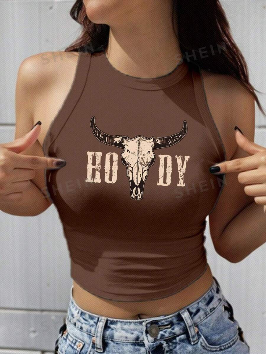 SHEIN EZwear Western Cow Head Pattern Brown Round Neck Sexy & Casual Cropped Tank Top, Suitable F... | SHEIN