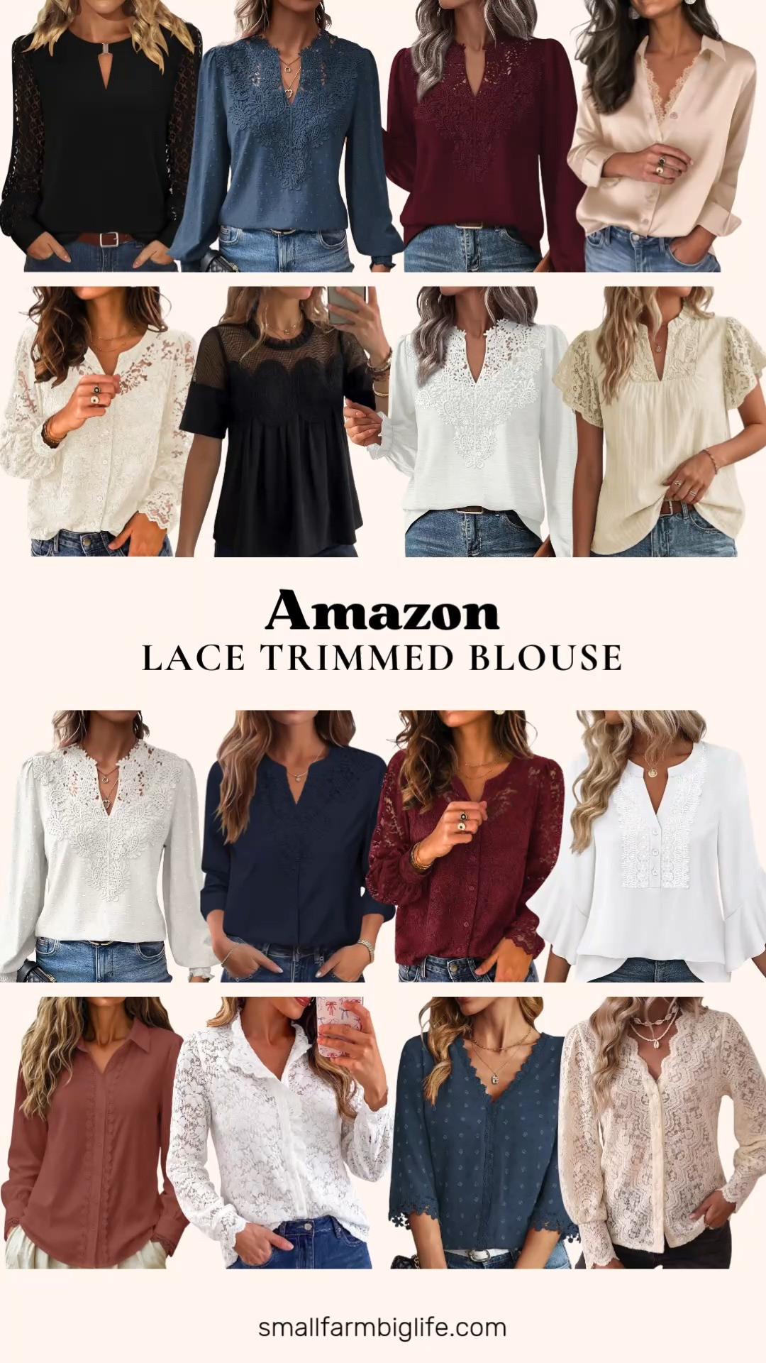 Lace trimmed blouses are trending everywhere this fall, and this soft, feminine detail is such an easy way to dress up autumn outfits.

The white and burgundy WIHOLL Boho V Neck Lace Blouses both have such an easy western inspired look, and the white and dusty blue Falechay Lace Floral Blouses bring a Swiss dot crochet detail perfect for everyday wear. For the office, the navy blue LOMON Lace Trim Button Down and the terracotta siliteelon Lace Lapel Button Down are both great business casual workwear options.

The cream and wine red Zeagoo Lace Sheer Blouses have such a pretty puffy lantern sleeve, and the white Gaharu Ruffle Sleeve Lace Top and the black KISSMODA Casual Tunic round out the everyday basics. The black Dokotoo Lace Flared Sleeve Blouse and the cream GRACE KARIN Lace Short Sleeve Blouse both bring a flowy, boho feel for a casual day out.

For something dressier, the champagne Satin Silk Lace Trim Blouse is such an elevated option for date night outfits, and the dusty blue Falechay Crochet Lace Tunic, the white PRETTYGARDEN Ruffle Collar Lace Top, and the beige Scalloped Trim Lace Blouse all bring a polished, elegant finish perfect for the office or an evening out.

So many beautiful lace trimmed blouses to shop for fall, all linked for you.

#amazonfashion #lacetop #fallfashion #falloutfits #businesscasual 

 #LTKootd #LTKOver40 #LTKWorkwear