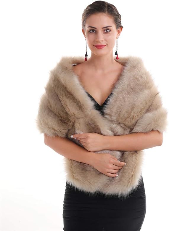 Women Luxurious Large Winter Faux Fur Scarf Wrap Collar Shrug for Lady Poncho Wedding Dinner Part... | Amazon (US)