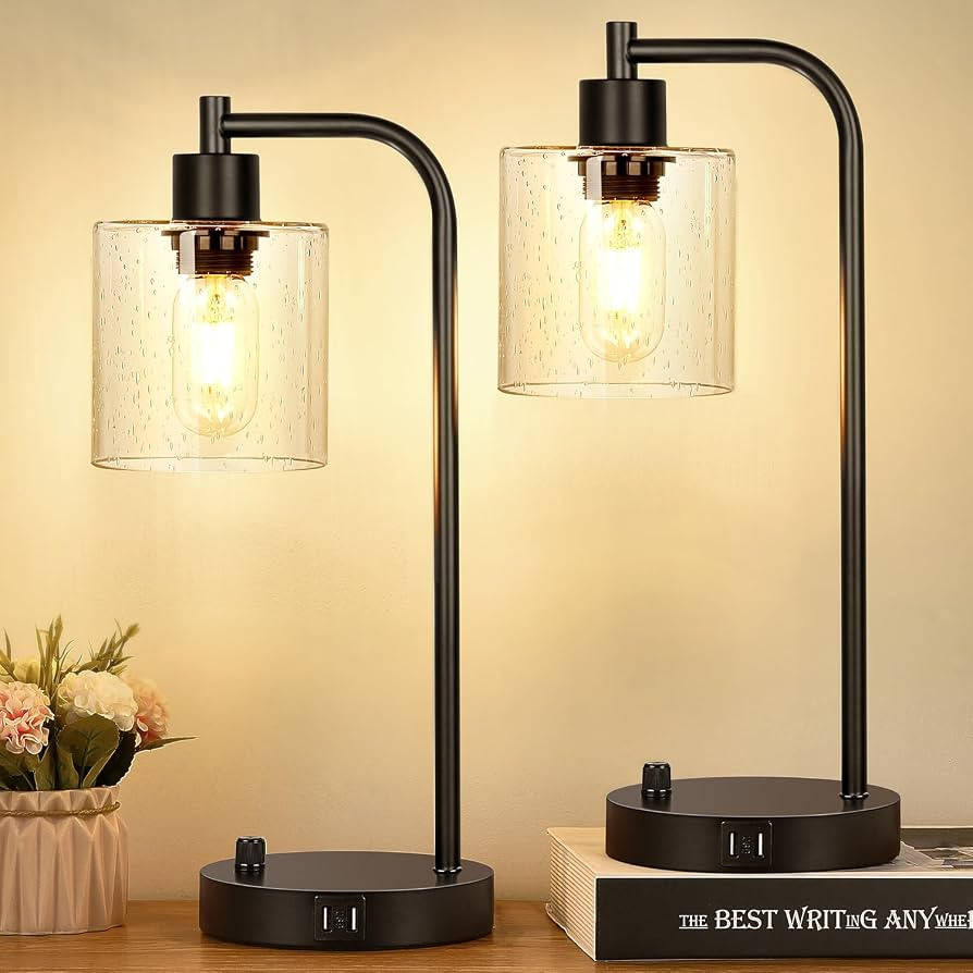 Set of 2 Industrial Table Lamps with 2 USB Port, Fully Stepless Dimmable Bedside Lamps for bedroo... | Amazon (US)
