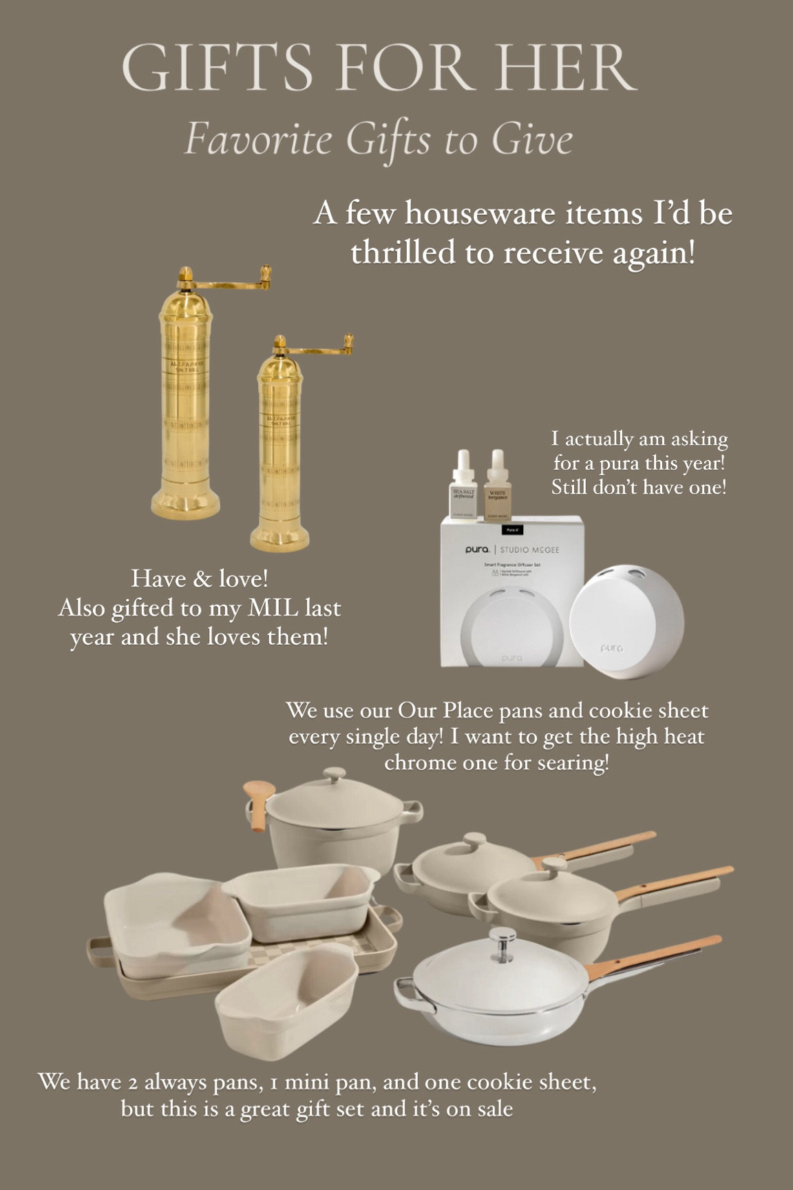 Brass salt mill and brass pepper mill, pura scents sale, our place pan set!


Gifts for her

#LTKGiftGuide #LTKHoliday #LTKSaleAlert