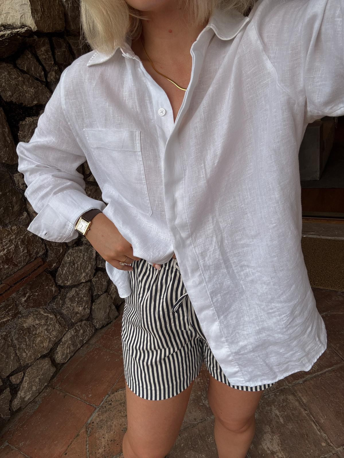 Summer outfit casual outfit idea. Cos white oversized linen shirt, H&M striped drawstring shorts, Monica vinader gold snake chain necklace  

#LTKuk #LTKstyletip #LTKsummer