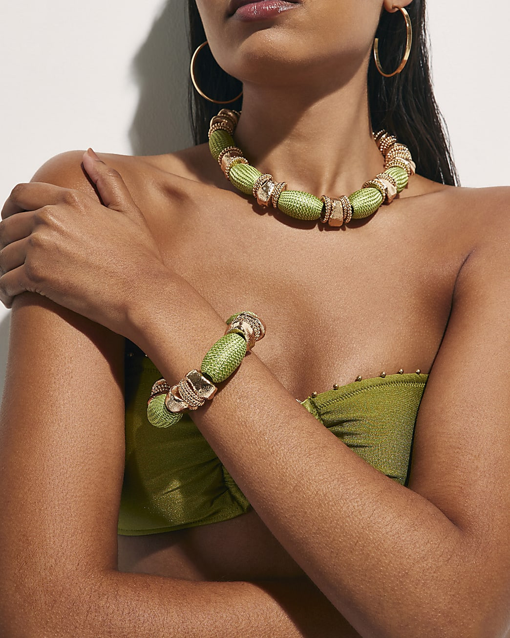 Green Thread Bead Stretch Bracelet | River Island UK & IE