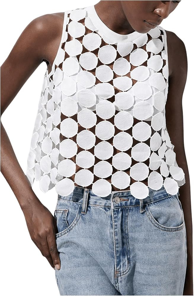 SHENHE Women's Asymmetrical Vest Top See Through Circular Embroidered Crew Neck Sleeveless Vest C... | Amazon (US)