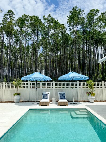 Our outdoor cabana and pool deck featuring woven chaise lounge chairs, light blue double scalloped umbrellas, reversible block print pillows,and concrete style side table!
.
#ltkhome #ltkfindsunder50 #ltkfindsunder100 #ltkseasonal #ltkstyletip #ltksalealert

#LTKSeasonal #LTKSaleAlert #LTKHome