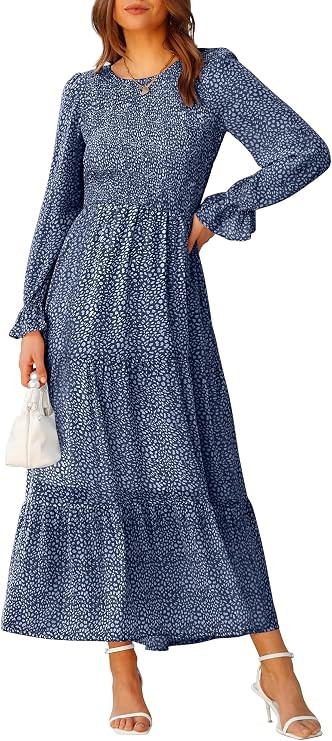 BTFBM Women Casual Long Sleeve Crew Neck Fall Dress Bohemian Relaxed Fit Floral Flowy Maxi Dresse... | Amazon (US)