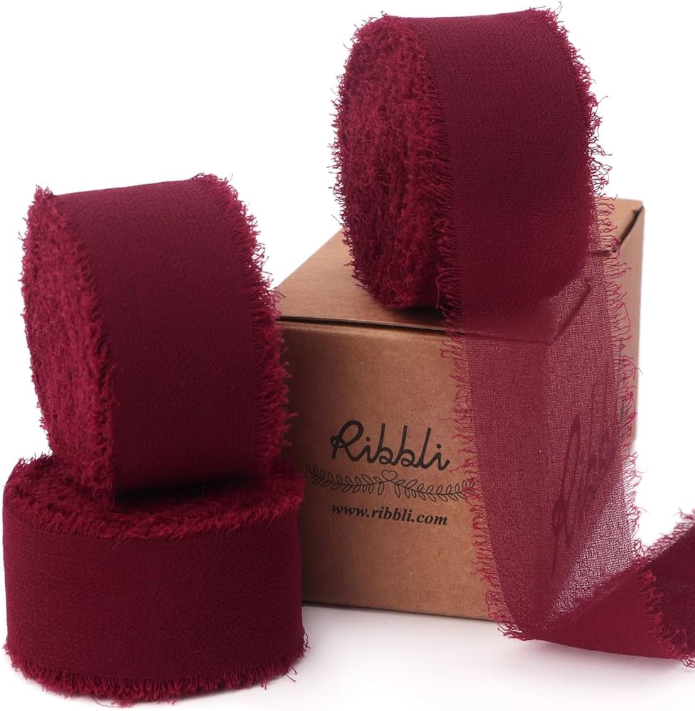 Ribbli Burgundy Ribbon 1 Inch x 3 Rolls Total 24 Yards Handmade Fringe Chiffon Silk Ribbon for Wr... | Amazon (US)