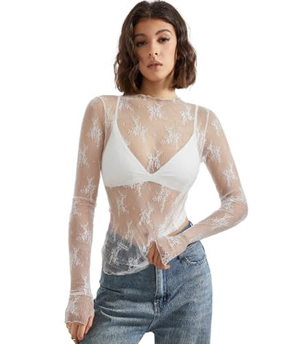 SUUKSESS Women Sexy Mesh Sheer Long Sleeve Tops Mock Neck Going Out Lace Shirts | Amazon (US)