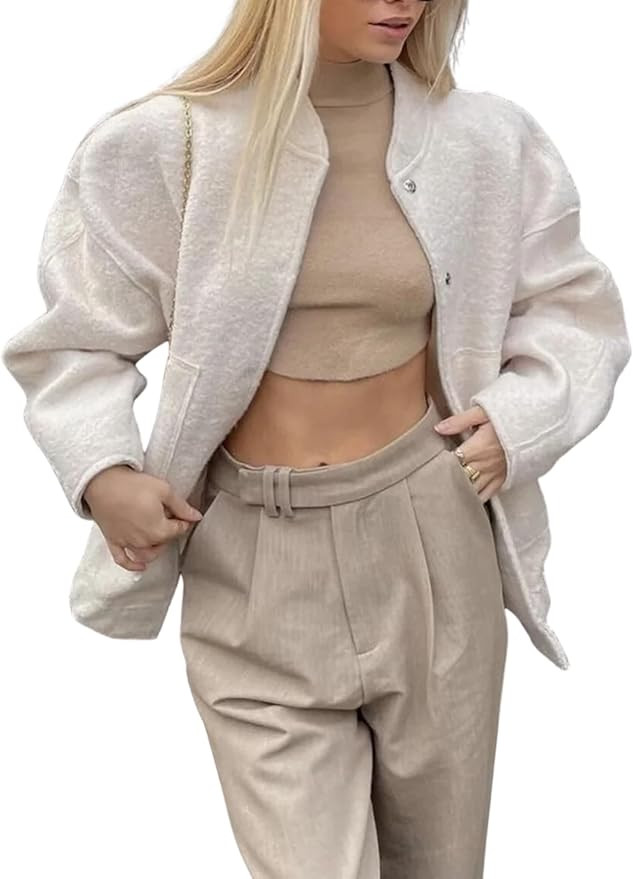 Qiaomai Women's Oversized Wool Blend Jackets Button Down Varsity Bomber Jacket with Pockets | Amazon (US)