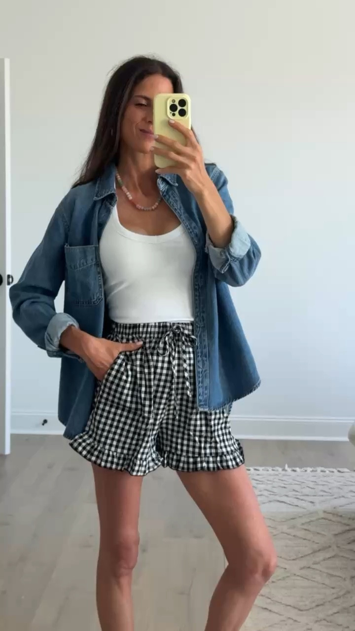 Casual summer outfit idea that looks put together without trying
These high waisted gingham shorts are flattering and lightweight, paired with a basic white tank and denim layer
Perfect for busy days, errands, or travel

#LTKSeasonal #LTKdayinmylife #LTKootd