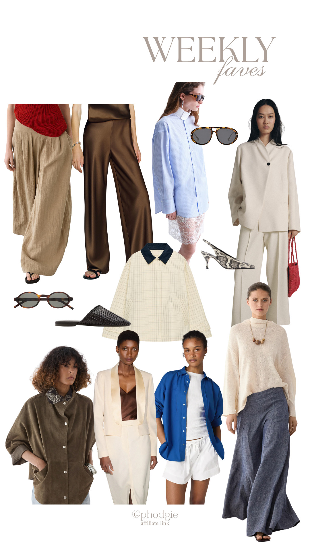 weekly faves, neutral fashion, spring style, minimalist style, quiet luxury, chic essentials, capsule wardrobe, elevated basics, relaxed tailoring, cream suit, ivory blazer, satin brown trousers, wide leg pants, beige trousers, oversized blue shirt, lace skirt, cream knit sweater, navy collar top, snake print heels, tortoise sunglasses, woven flats, red knit top, shoulder bag, monochrome outfit, soft neutrals, brown tones, cream tones, blue pop of color, effortless dressing, polished casual, modern womenswear, classic style, everyday chic, refined wardrobe, transitional outfits, luxe basics, fashion inspo, outfit inspiration 

 #LTKuk #LTKspring #LTKeurope