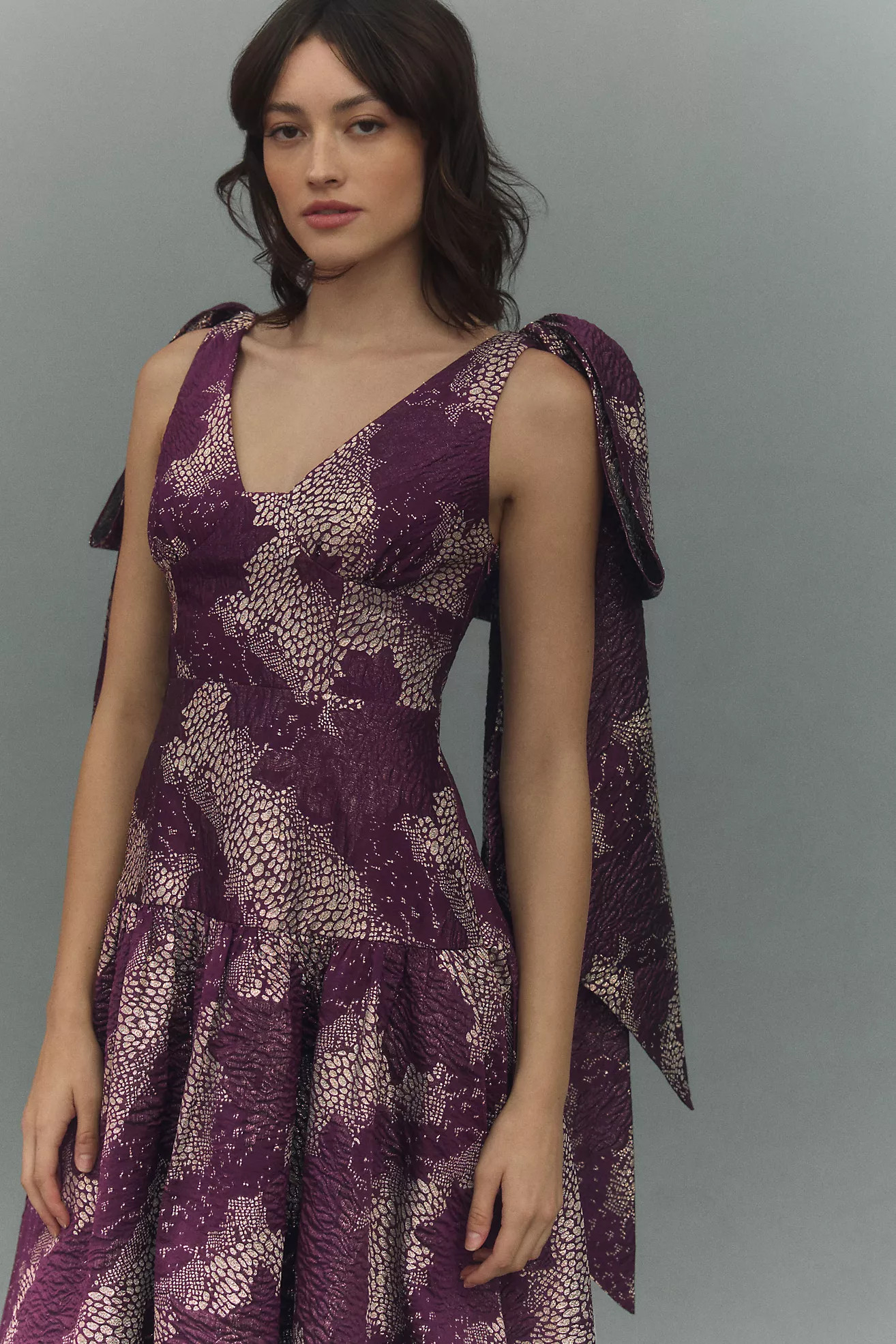 BHLDN Violet Jacquard Shoulder-Tie Fit & Flare Midi Dress | Anthropologie (US)