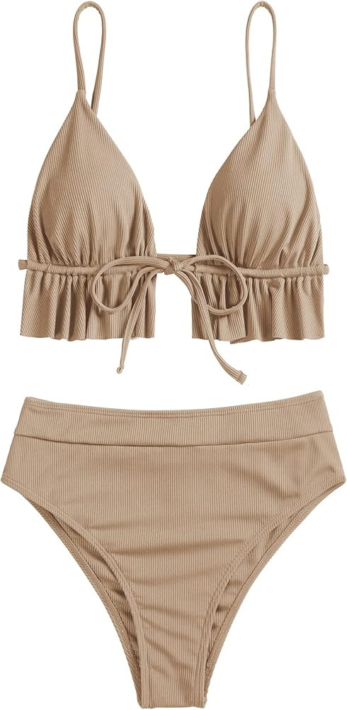 ZAFUL Women's Tie Ruffles Ribbed High Waisted Bikini Two Piece String Swimwear Bathing Suits Swim... | Amazon (US)