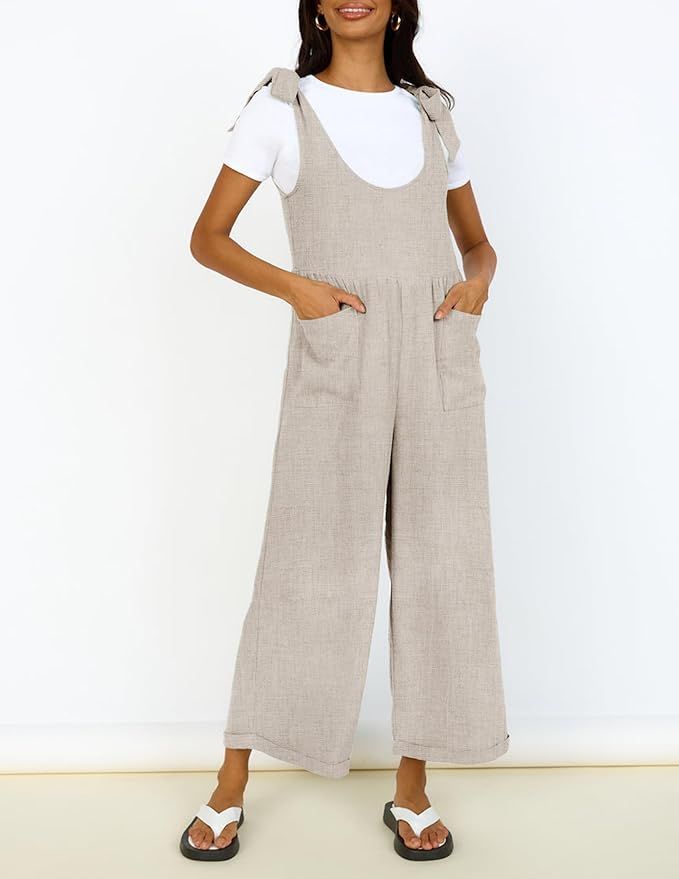 ZESICA Women's Summer Loose Sleeveless Jumpsuits Linen Adjustable Straps Oversized Wide Leg Long ... | Amazon (US)