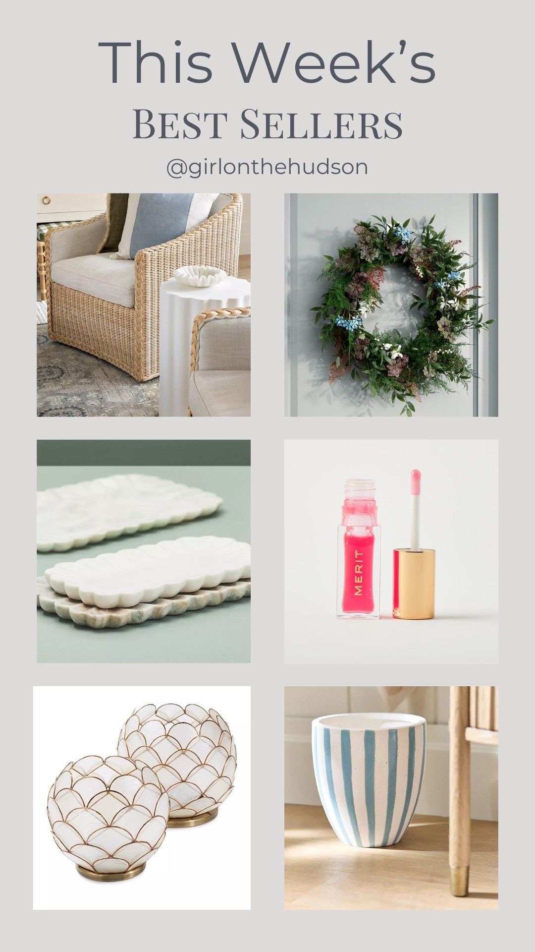 This week’s best sellers! 

Our new front door wreath from @mcgeeandco, the scalloped marble bowl that looks so pretty in every room, my favorite spring lip gloss, the striped waste basket that I ordered for Ava’s bedroom, the scalloped capiz votive holders that I like to use for outdoor entertaining and the marble tray that we have on our dining room bar cart!

#LTKSaleAlert #LTKSeasonal #LTKHome