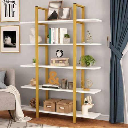 Tribesigns 5-Tier Bookshelf, Vintage Industrial Style Bookcase 70 ‘’ H x 12’’ W x 47’’L, Gold | Walmart (US)