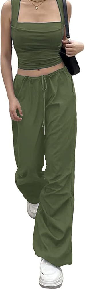 LAOARA Women Cargo Pants with Three Pockets Drawstring Y2K Low Waist Baggy Parachute Pants | Amazon (US)