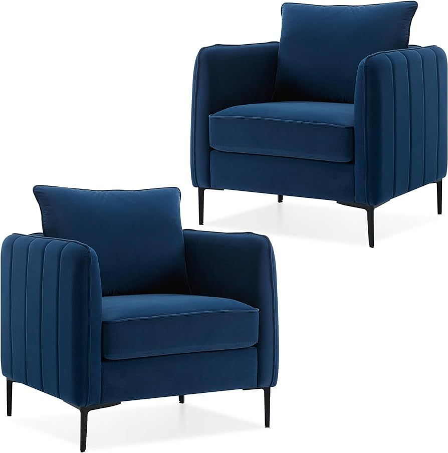 Blue Velvet Accent Chairs Set of 2, Modern Upholstered Accent Chair Comfy Velvet Armchair with Th... | Amazon (US)