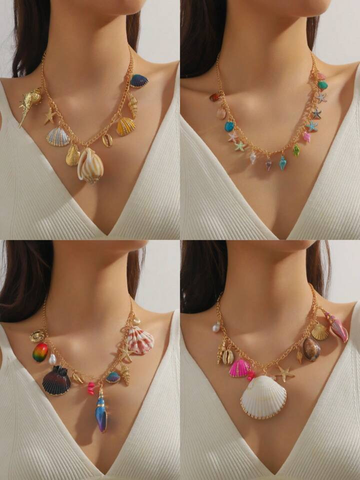 1pc Fashion Seaside Style Natural Colored Shell Alloy Pendant Necklace For Women, Beach Accessory... | SHEIN
