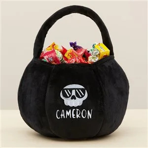Skull Embroidered Plush Halloween Treat Bag-Black | Personalization Mall