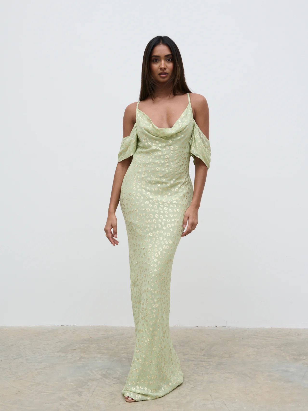 Nia Cold Shoulder Maxi Dress - Pistachio Metallic | Pretty Lavish (UK)