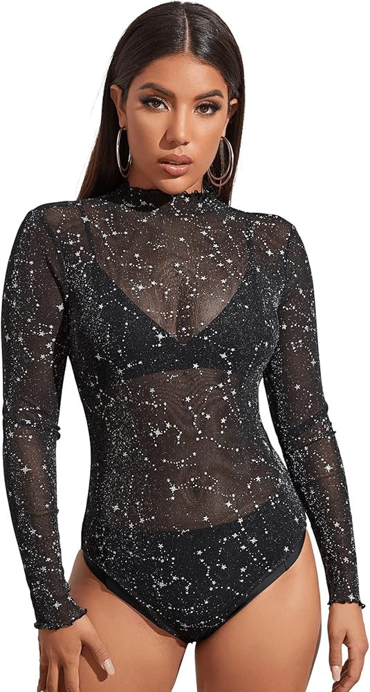 SweatyRocks Women's Mock Neck Leopard Long Sleeve Mesh Bodysuit Leotard | Amazon (US)
