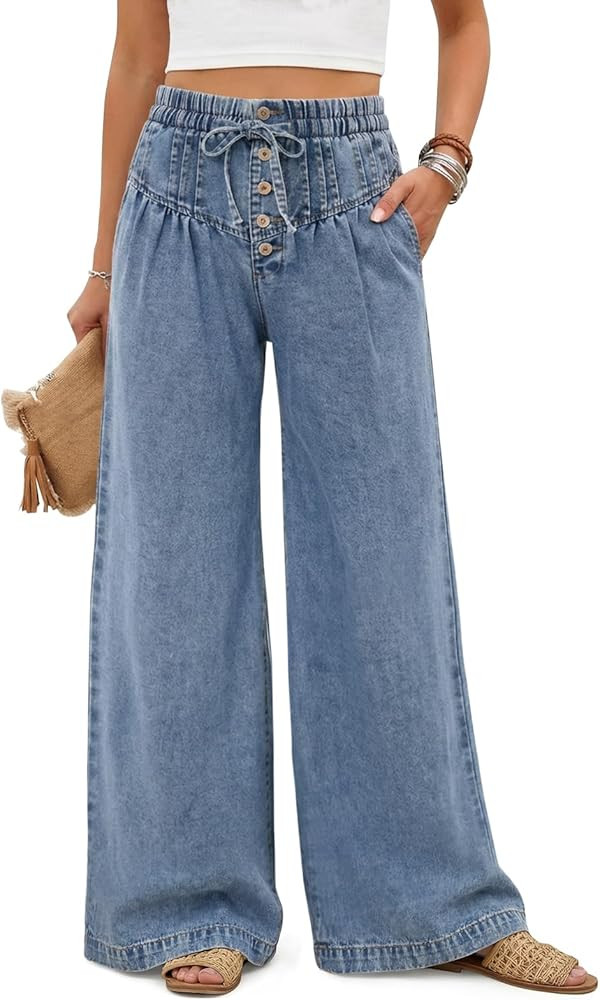 Tankaneo Womens Wide Leg Baggy Jeans Pleated Elastic High Waisted Drawstring Palazzo Denim Pants ... | Amazon (US)