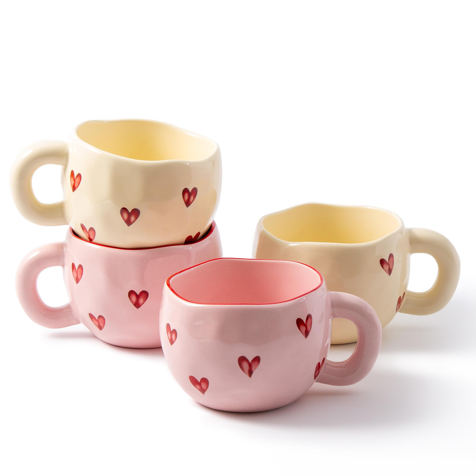 4pcs Cute Ceramic Coffee Mug, 9.4OZ Pink Yellow Porcelain Tea Mugs, Ceramic Hearts Cup Sets for M... | Amazon (US)
