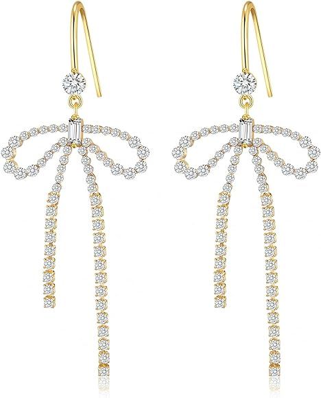 Kesaplan Gold Statement Bow Earrings 925 Sterling Silver Bow Dangly Earrings Cute Sparkly Earrings f | Amazon (US)