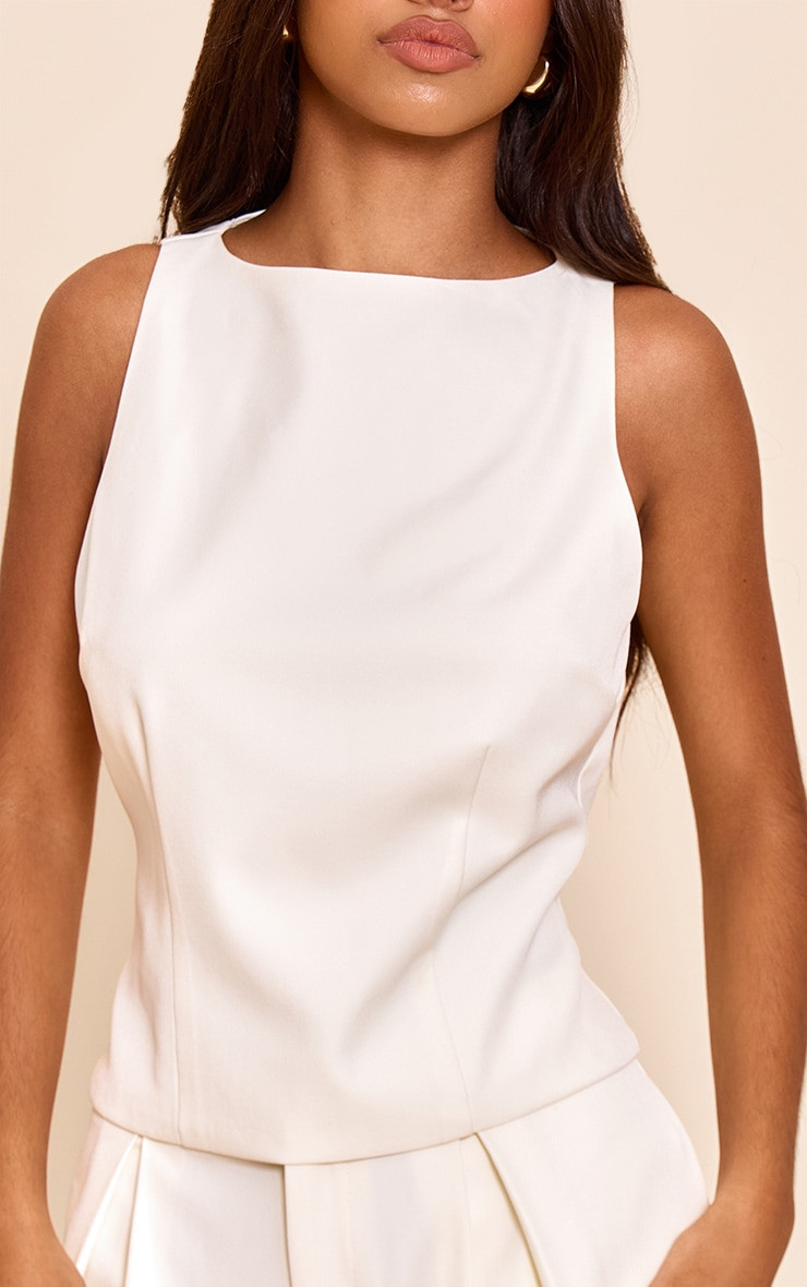 Petite Cream Racer Neck Detail Top | Petite | PrettyLittleThing UK