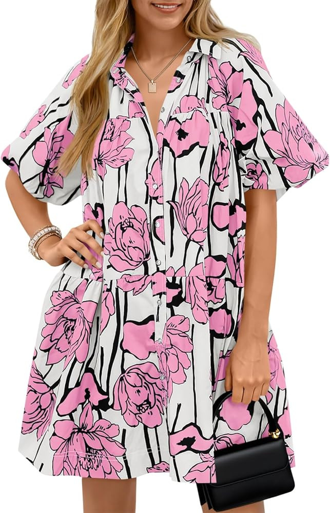 Wenrine Women's Summer Button Down Shirt Dress Floral Puff Short Sleeve Casual Loose Fit Beach Mi... | Amazon (US)