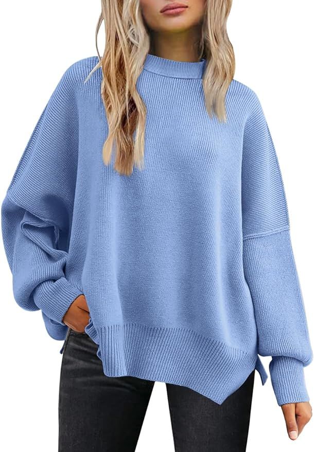 LILLUSORY Women's Crewneck Batwing Long Sleeve Sweaters 2023 Fall Oversized Ribbed Knit Side Slit... | Amazon (US)