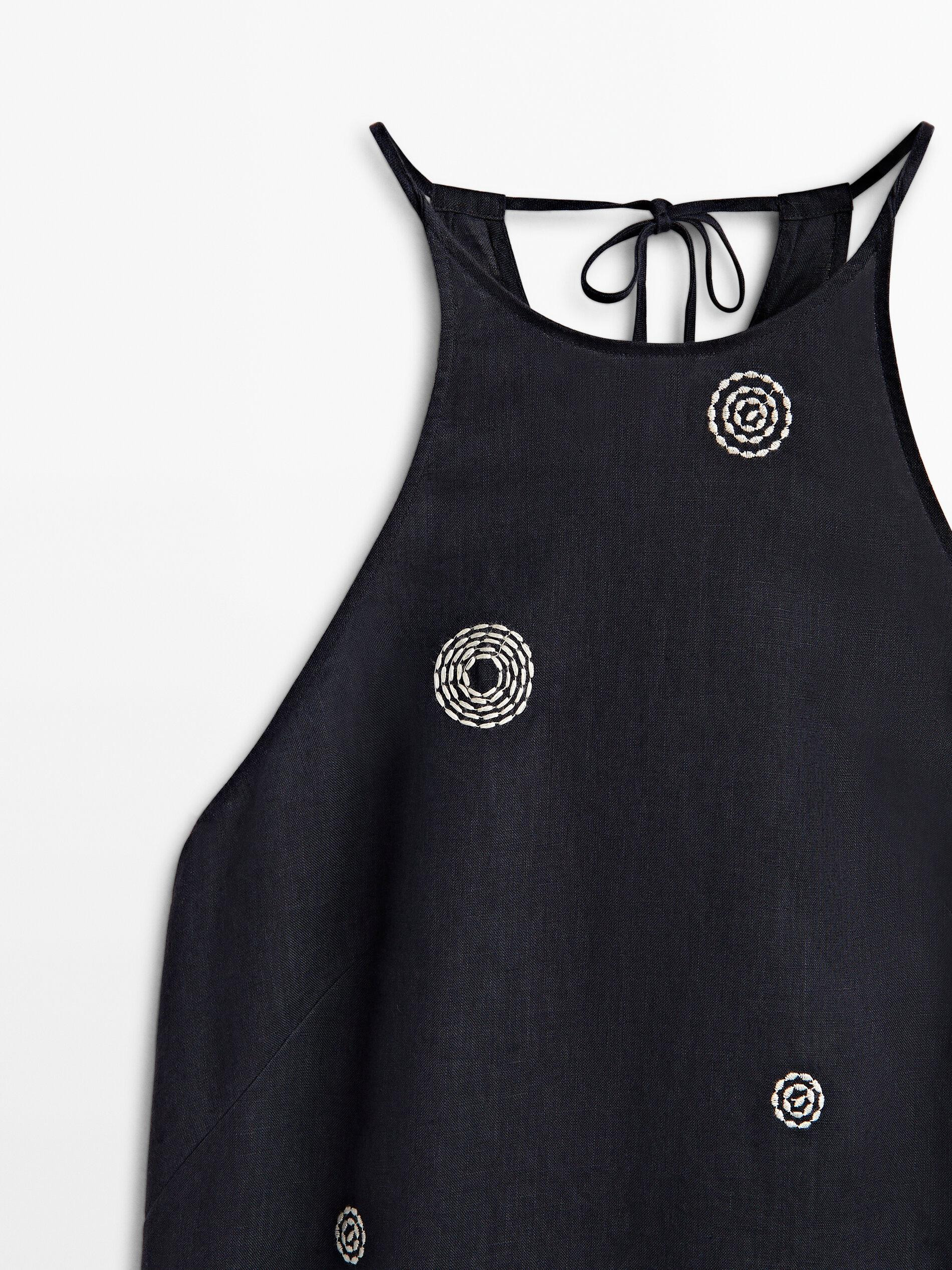 Linen halter dress with contrast embroidery | Massimo Dutti US