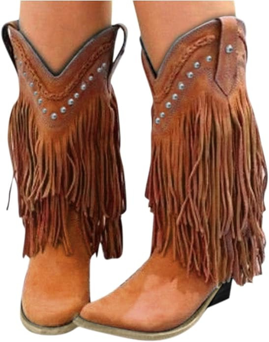 Hbeylia Women'S Cowboy Boots Vintage Tassel Square Toe Mid Heels Western Cowgirls Boots Ethnic Re... | Amazon (US)