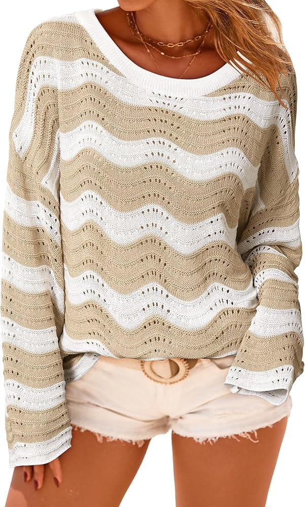 Arach&Cloz Women's Linen Blend Crochet Bell Sleeve Beach Vacation Striped Tops 2026 | Amazon (US)