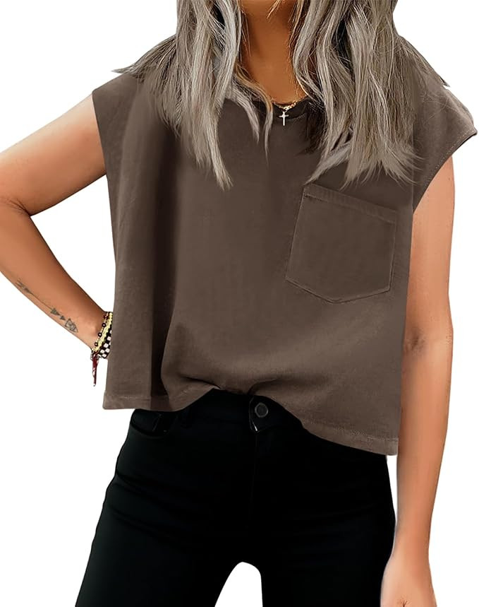 Tankaneo Womens Crop Tank Top Cap Sleeve Summer Tops Loose Casual Basic Crewneck Shirts with Pock... | Amazon (US)