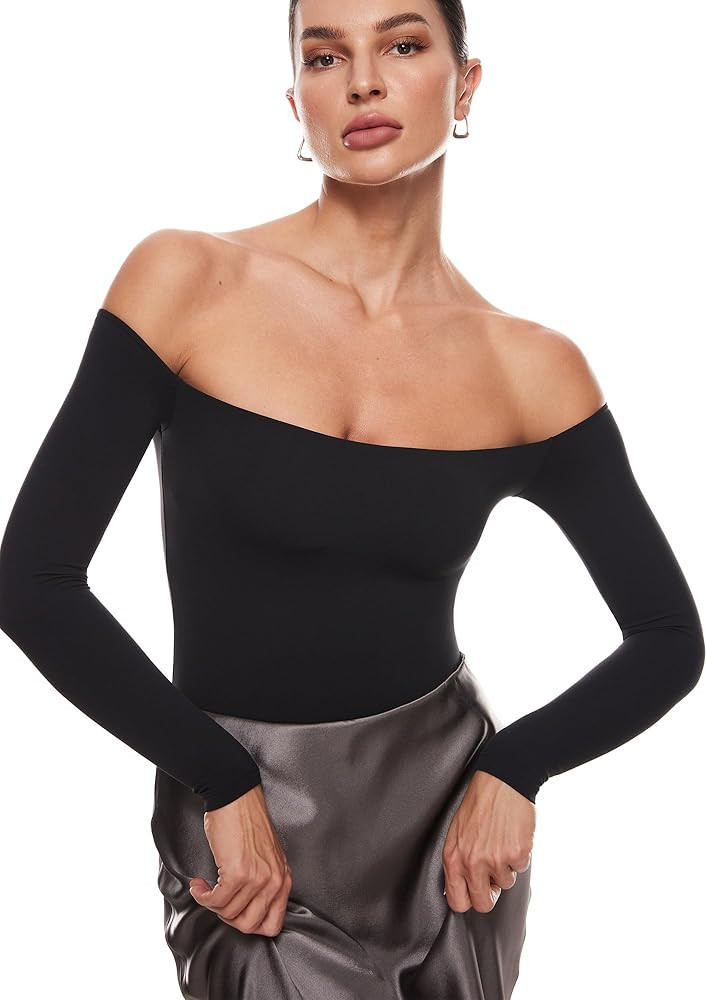 INLYRIC Women's Cozzifree Off The Shoulder Bodysuit Long Sleeve Thong Sexy Bodycon Slim Fit Tops ... | Amazon (US)