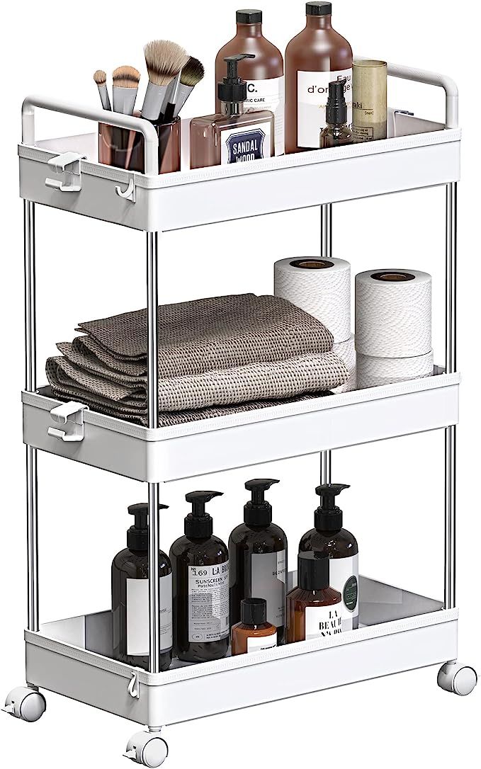 SOLEJAZZ Rolling Storage Cart, 3 Tier Utility Cart Mobile Slide Out Organizer, Bathroom Standing ... | Amazon (US)