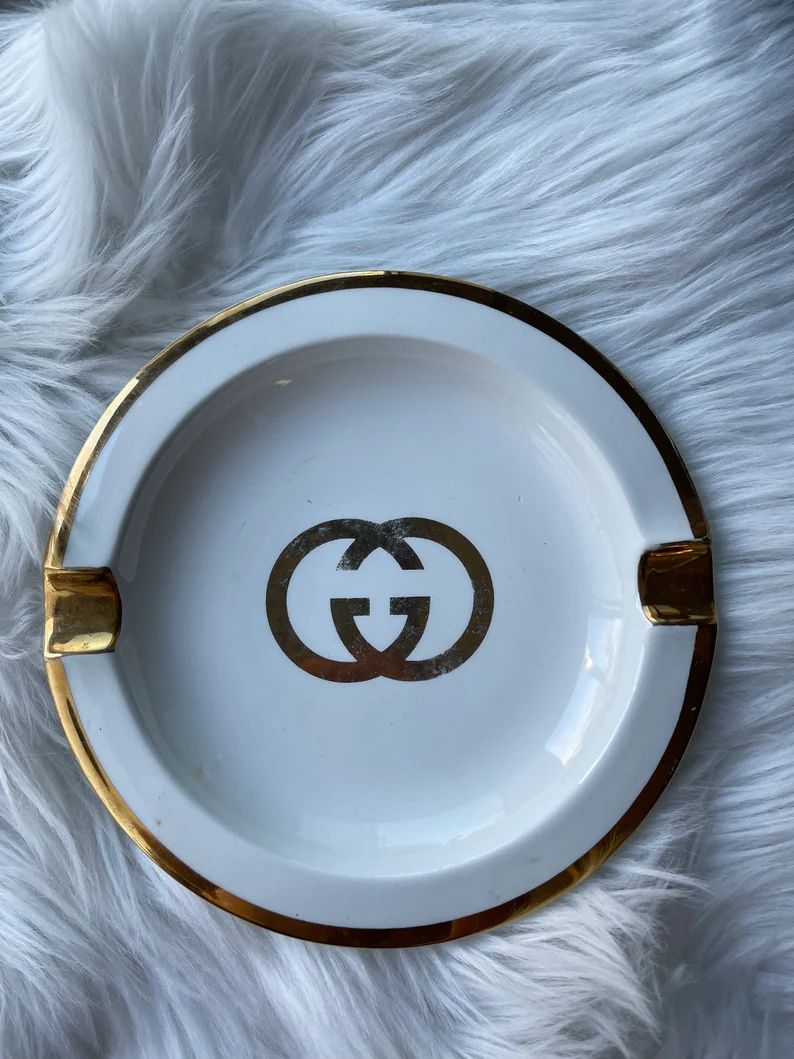 Vintage GUCCI GG Logo Monogram Gold Cigarette ashtray Trinket Dish Porcelain Tray Cigarette Holde... | Etsy (US)