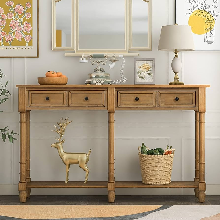 Polibi Retro Console Table, Solid Wood Sofa Table with 2 Storage Drawers and Bottom Shelf, Wall S... | Amazon (US)