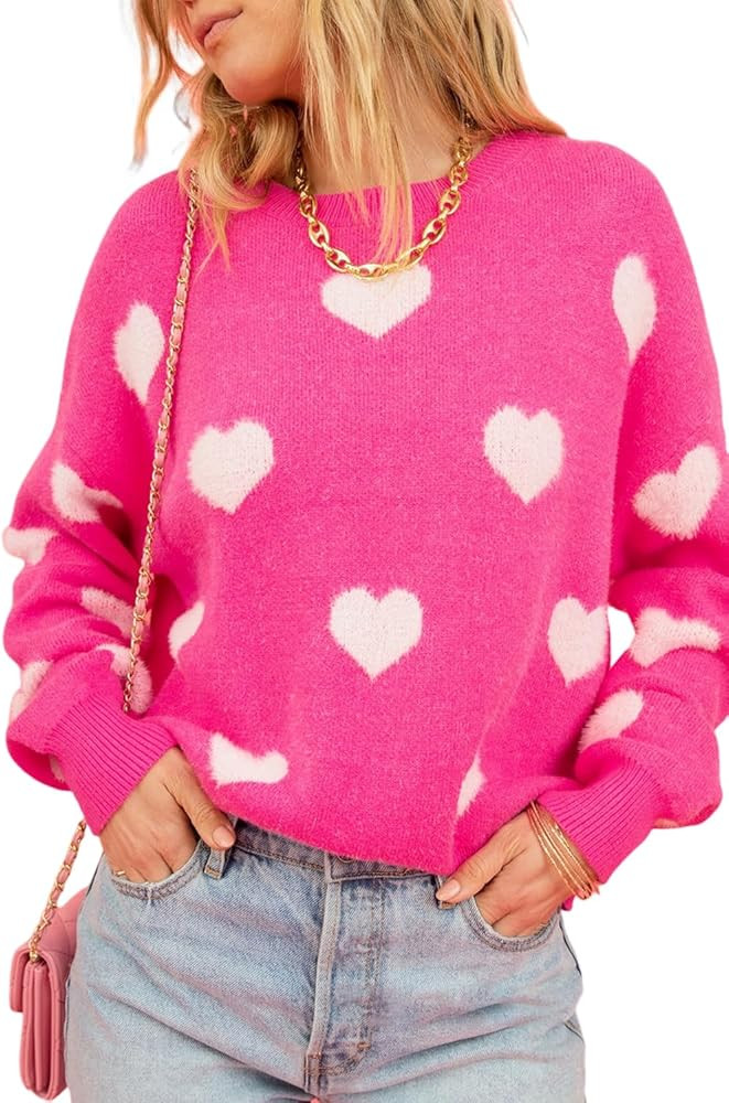 Women's Bright Pink Fuzzy Valentine Hearts Drop Shoulder Sweater Casual Heart-Shaped Long Sleeve ... | Amazon (US)