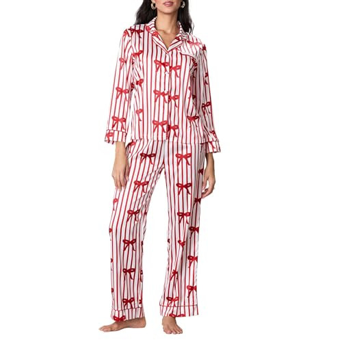 Womens Cute Bow Pajamas Long Sleeve Shirt Wide Leg Pants Matching Set Loungewear Striped Bow Red M | Amazon (US)