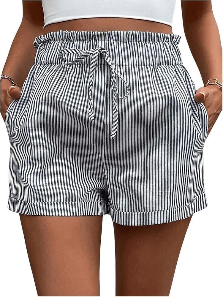 SweatyRocks Women's Striped Pattern Drawstring Waist Shorts Wide Leg Summer Shorts with Pockets | Amazon (US)