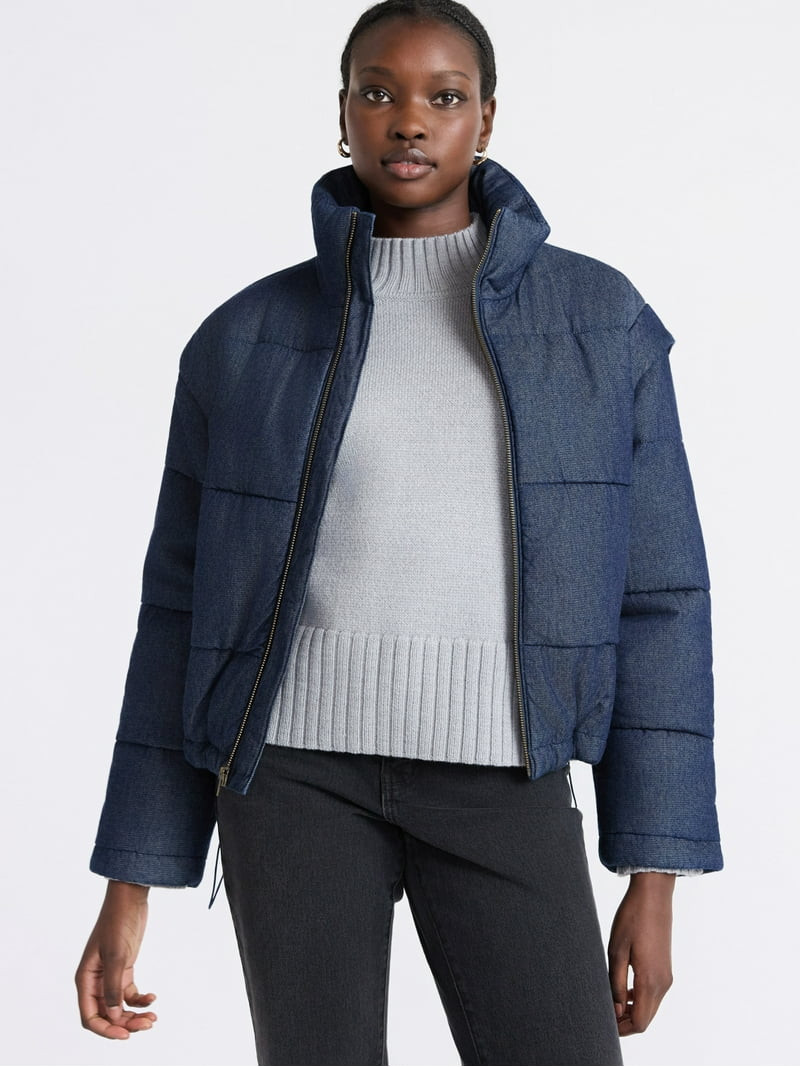 Free Assembly Women's and Women's Plus Short Denim Puffer Jacket, Sizes XS-4X | Walmart (US)