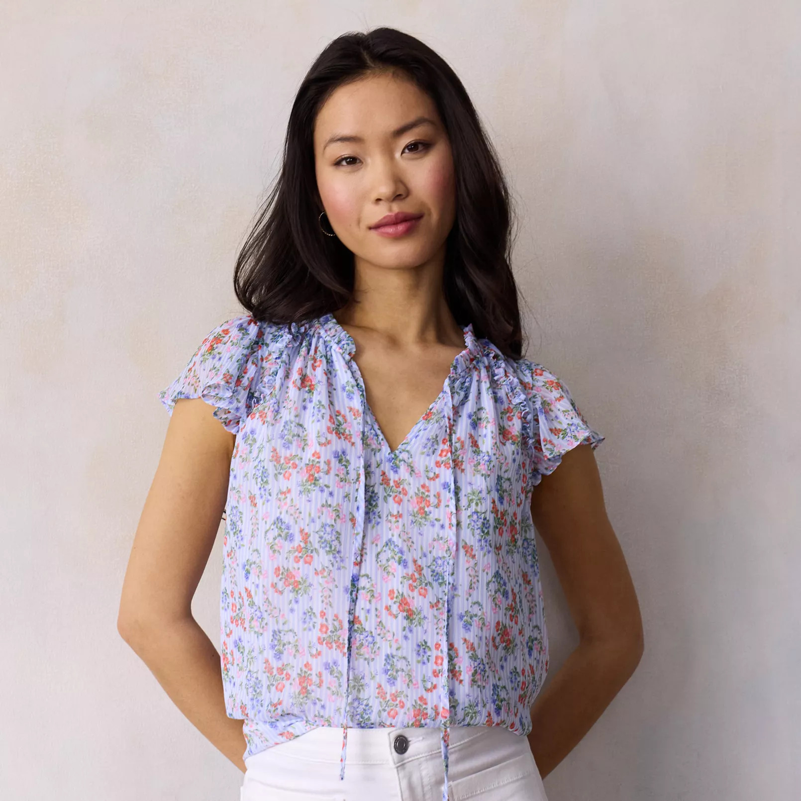 Women's LC Lauren Conrad Ruffle V-Neck with Trim Top | Kohl's