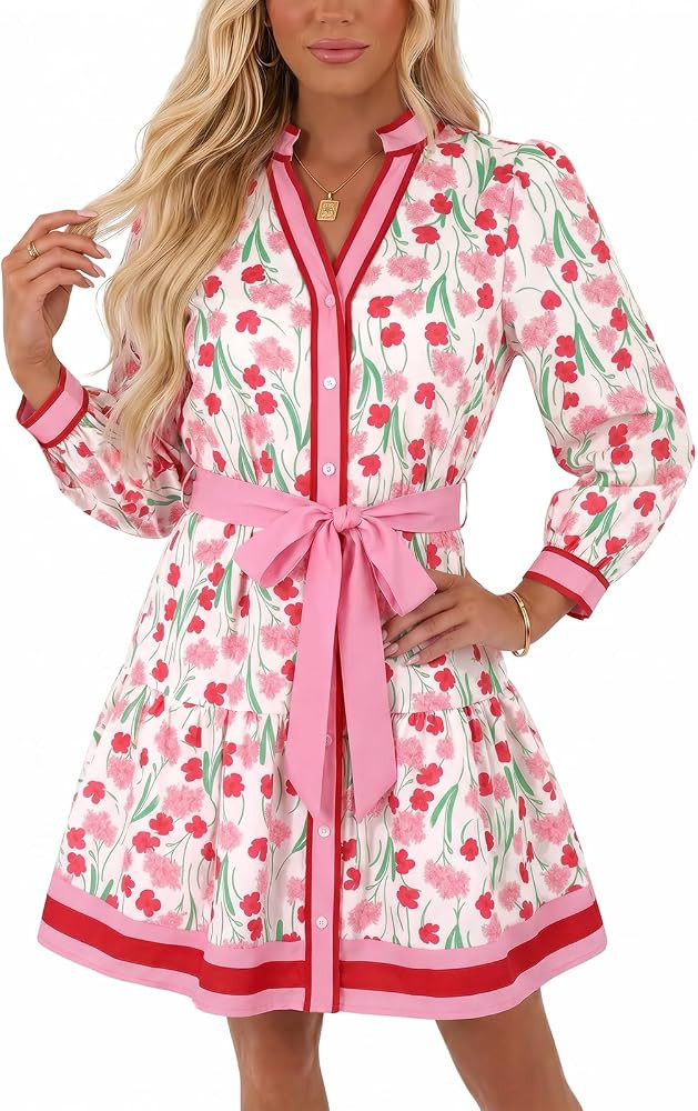 Wenrine Womens Floral Mini Dress V Neck Button Down Tie Waist Dresses | Amazon (US)