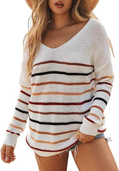 Dokotoo Womens 2023 Cute Summer Fall Color Block Striped Lightweight Comfy Cable Knit Beach Pullo... | Amazon (US)