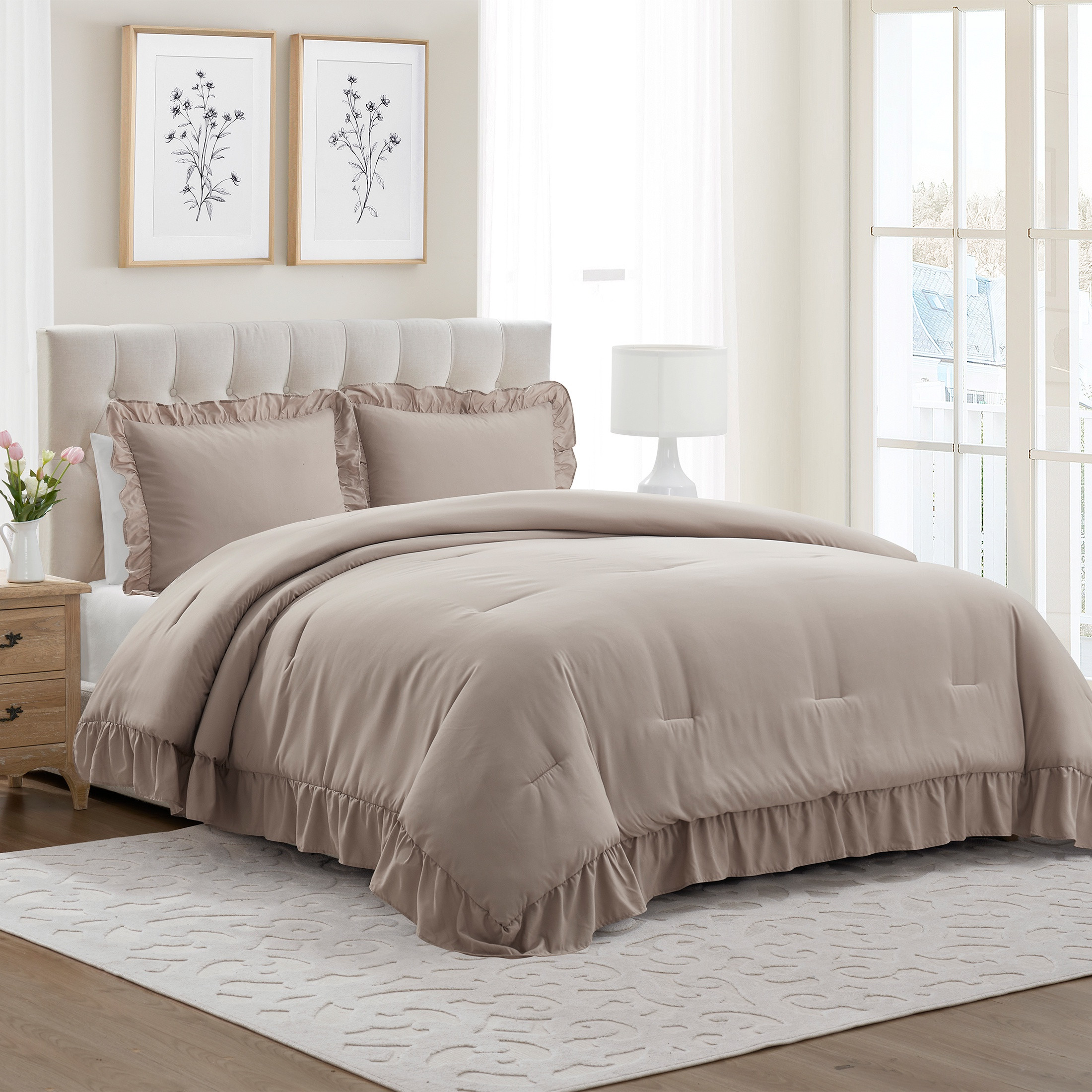 My Texas House Delphine 3-Piece Taupe Ruffle Comforter Set, King | Walmart (US)