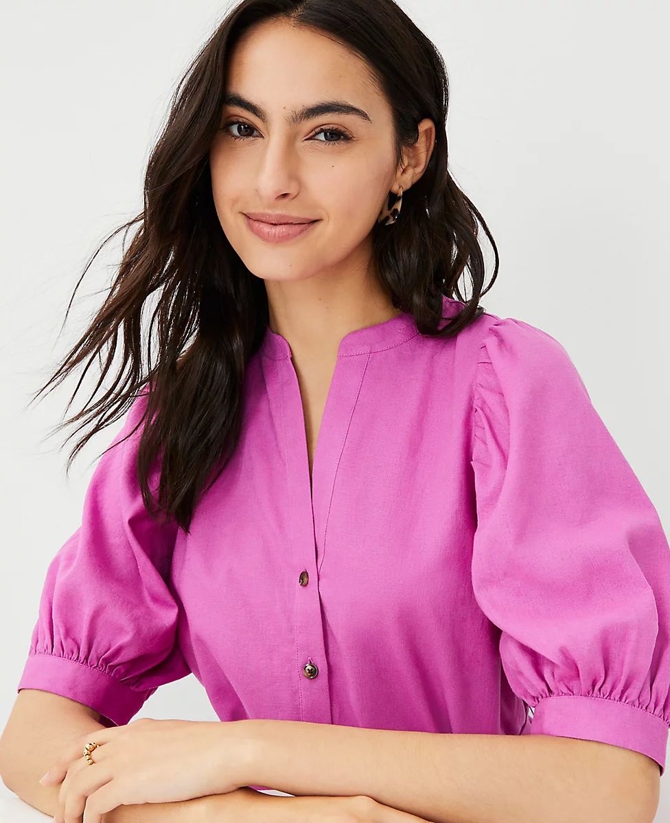 Linen Blend Puff Sleeve Shirtdress | Ann Taylor (US)